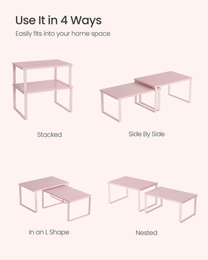 SONGMICS Cabinet Organizer Shelf, Set of 2 Kitchen Counter Shelves, Kitchen Storage, Spice Rack, Stackable, Expandable, Metal and Engineered Wood, Jelly Pink UKCS020S01