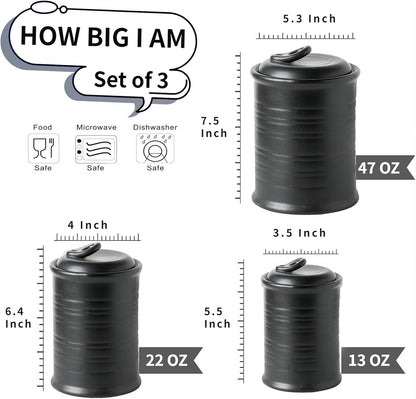 Nihow Food Storage Jar Sets: Ceramic Container with Air Tight Lid for Flour/Sugar/Rice/Coffee/Cookies/Candy - Seal Damp-proof Canister for The Kitchen - Set of 3 （Matte Black）