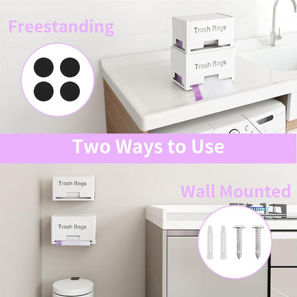 2-Pack Trash Bag Holder Dispenser, Stackable Garbage Bag Dispenser, Extra Large Trash Organizer for Kitchen Laundry Under Sink, Wall Mounted or Freestanding, Metal White