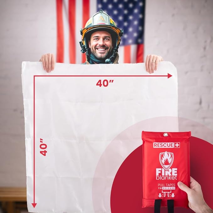 Rescue+ Emergency Fire Blanket for Home, Kitchen, Workplace & Travel, 40” x 40” Fiberglass Flame Retardant Safety Blanket, Fire Suppression for House, Camping, Car Emergencies - Pack of 4