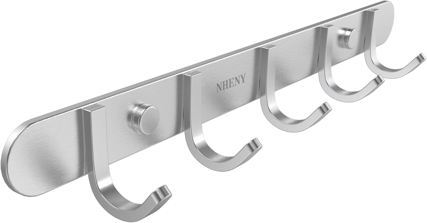 Coat Hook Rack Hanger –Towel Hook Rail with 5 Hooks 13-Inch Wall Mounted for Bedroom, Bathroom, Hallway, Garage, Garden, Office, 304 Stainless Steel Brushed Nickel, Easy Installation (Silver)