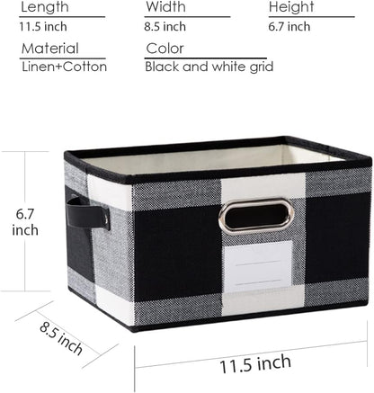 PRANDOM Fodable Storage Bins for Closet [3-pack] Decorative Fabric Storage Baskets Cubes with Leather/Metal Handles for Shelves Bedroom Living Room Black and White Grid (11.5x8.5x6.7 Inch)