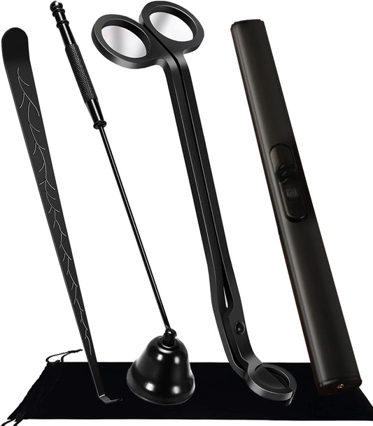 4 IN 1 Candle Wick Trimmer, Electric Candle Lighter Rechargeable, Candle Snuffer, Candle Wick Cutter, Candle Wick Dipper Accessory Candle Making Kit,with Portable Bag for Gifts Candle Lovers (Black)