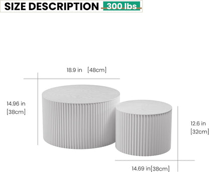 Round Nesting Coffee Table Set of 2 Handcraft Circle Fluted Nesting Coffee Tables Circular Side Table Drum Accent End Tables for Living Room Bedroom (White A Small)