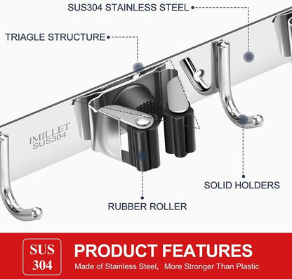 IMILLET Broom Holder Wall Mounted, Stainless Steel Broom and Mop Holder Self Adhesive Broom Organizer Heavy Duty Hooks Storage Organizer for Home Laundry Room Garden Garage Closet Kitchen (1 Pack)