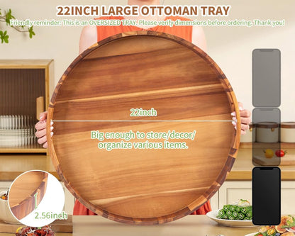 Large Ottoman Tray, 22" Big Ottoman Tray for Living Room, Large Serving Tray with Handles for Coffee Table Kitchen Counter,Great Round Wooden Trays with 4 Round Coasters for Appetizers, Dinner