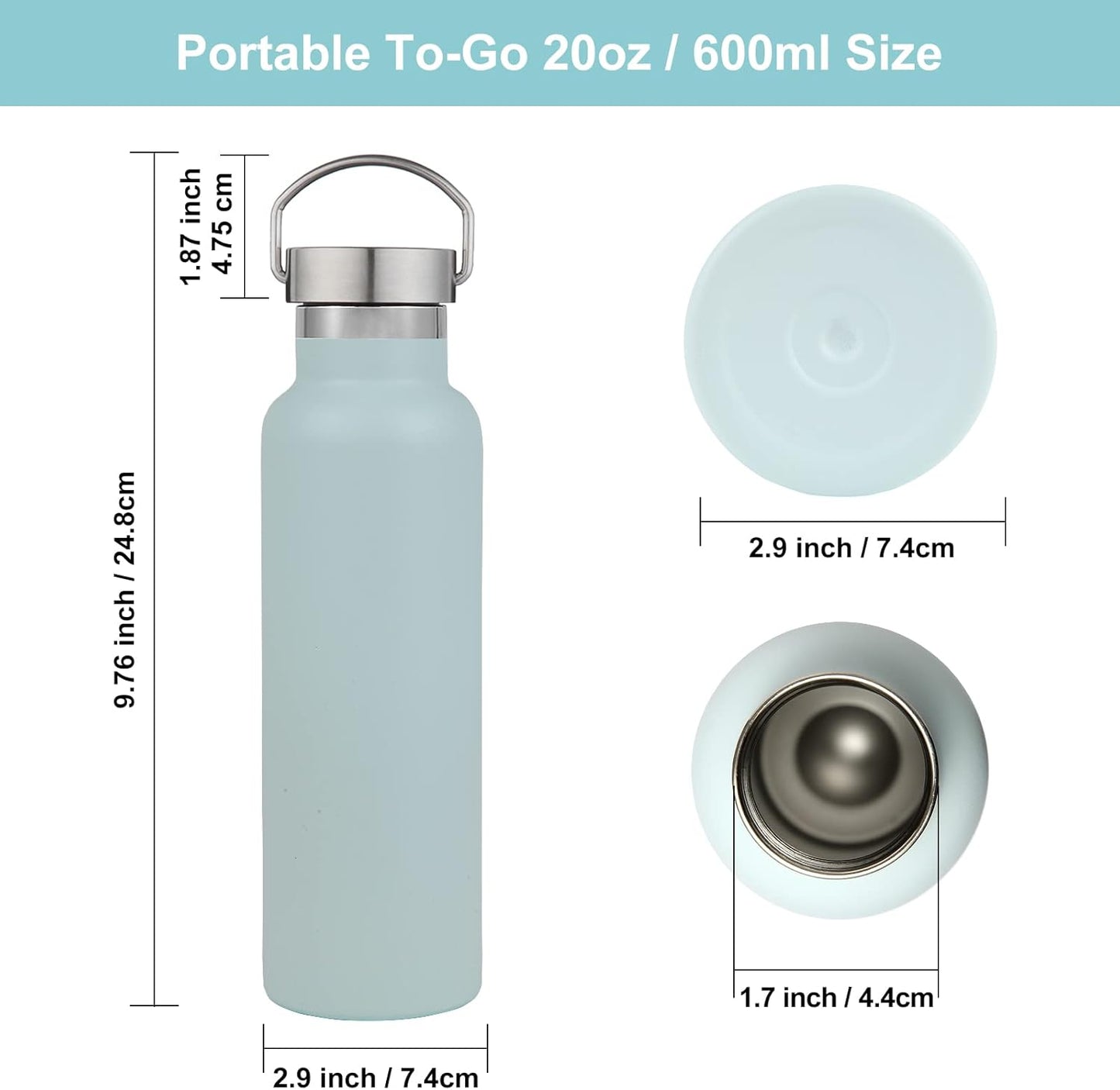 Neihepal 20 oz Insulated Water Bottles Bulk 2 Pack,Stainless Steel Double Wall Sport Bottle with Lid of Handle,Metal Reusable Thermoses Flask with Cup Cap for School,Cyclists,Gift (Fog,Set of 2)