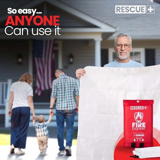 Rescue+ Emergency Fire Blanket for Home, Kitchen, Workplace & Travel, 40” x 40” Fiberglass Flame Retardant Safety Blanket, Fire Suppression for House, Camping, Car Emergencies - 1 Pack