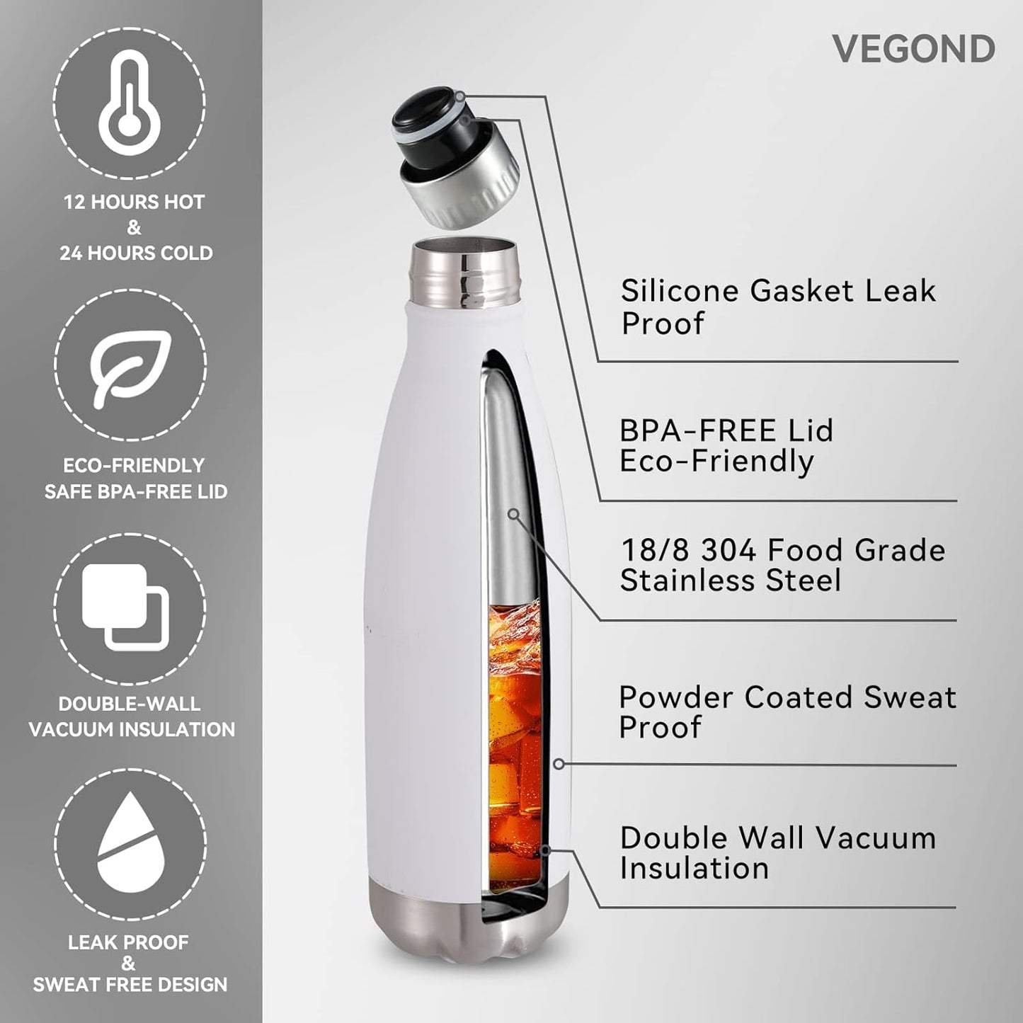 VEGOND 17oz Stainless Steel Water Bottles, Reusable Metal Sports Water Bottle Keeps Drink Hot and Cold, BPA Free Double Wall Vacuum Cola Shape Insulated Water Bottle for Camping Gym, 1 Pack