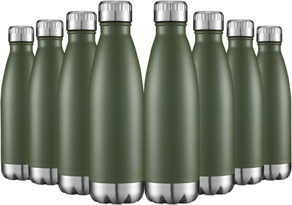 HASLE OUTFITTERS 17oz Stainless Steel Water Bottles Bulk, Vacuum Insulated Double Walled Powder Coated Reusable Metal Sports Water Bottles Keep Drinks Hot and Cold, ArmyGreen, 8Packs