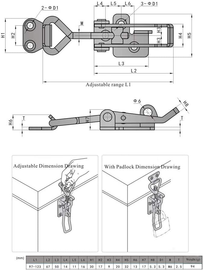 Adjustable Latch Buckle Cabinet Boxes Lever Handle Toggle Catch Latch Lock,Silver,Adjustable Range:97-123mm,2 Pcs