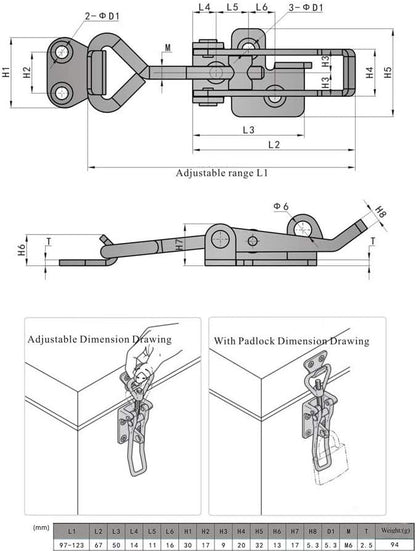 Adjustable Latch Buckle Cabinet Boxes Lever Handle Toggle Catch Latch Lock,Silver,Adjustable Range:97-123mm,2 Pcs