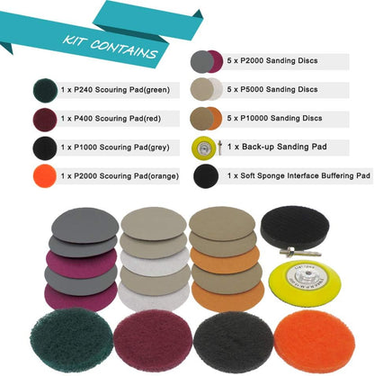 VIBRATITE Headlight Restoration kit for Electric Drill Based Car Lights DIY Polishing kit with 3 Inch Sanding Backing Pad, Mop, Drill Adapter, Sponge Buffer Pad, 21PCS