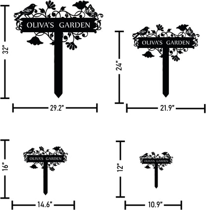 Customized Metal Birds and Flowers, Personalized Garden Sign with Stake, Gardening Decor for Outdoor, Patio and Farmhouse Decorations