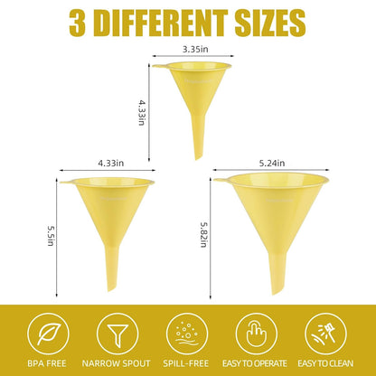 Plastic Kitchen Funnel Set of 3, Round Kitchen Funnels for Filling Bottles, Durable and Multifunctional Funnels for Filling Canning, Cooking, Lab or Car Oil (Milk Yellow)