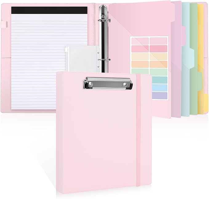 SKYDUE Small 3 Ring Binder with Clipboard, 8" × 10" PU Mini 1 Inch Binder with Notepad, 5 Dividers, and Labels, Clipboard Folder Great for School Office(Fit Half Letter Sized Paper)