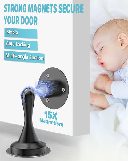 Door Stoppers Magnetic Door Catch - 4 Pack Stainless Steel Heavy Duty Door Stops for Bottom of Door, Wall & Floor Mounting No-Drill Strong Adhesive & Screws, Strong Door Holder to Keep Door Open