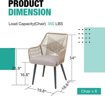 Patiorama Patio Dining Chair Set of 6, Woven Rope Outdoor Dining Chair w/Steel Frame, All-Weather Twisted Rattan Chairs w/Armrest & Cushion, Outdoor Dining Wicker Chairs for Backyard Garden(Beige)