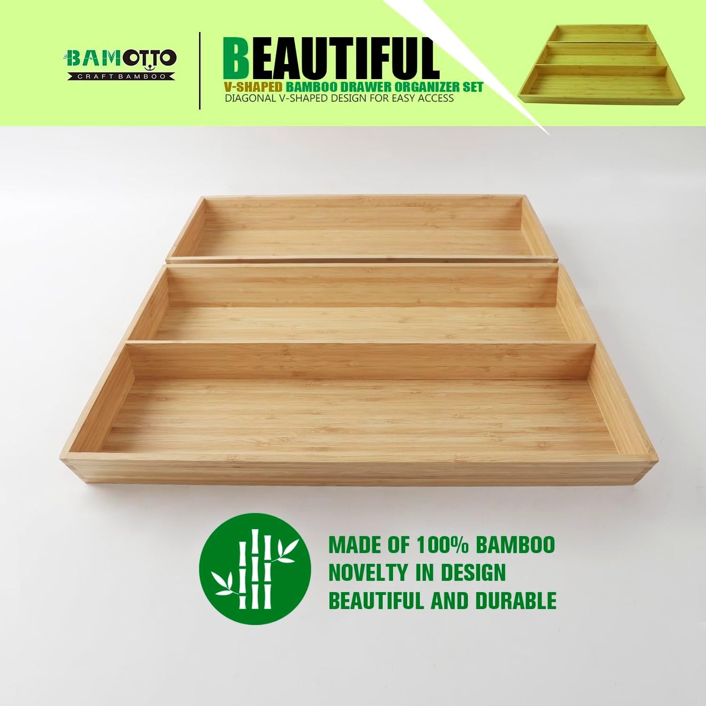 2-Piece V-Shaped Bamboo Drawer Organizer - Ideal for Kitchen's Large Long Tableware, Cooking Utensils, Flatware, Silverware - Wood Storage Box for Home, Bedroom, Bathroom (19.6"x12.4" & 19.6"x7.8")