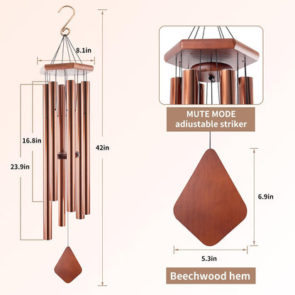 Wind Chimes Outdoor Large Deep Tone, 44 Inches Sympathy Wind Chimes Tuned Soothing Melody, Memorial Wind-Chime with 6 Heavy Tubes for Outside Decoration, Garden/Yard. Copper