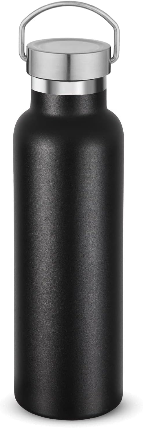 Neihepal Black Stainless Steel Water Bottles,20 Ounce Vacuum Insulated Double Wall Travel Bottle with Leak Proof Lid of Handle,Metal Reusable Standard Mouth Flask Thermoses for School,Hikers,Gift