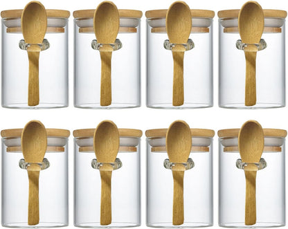 7.6 oz Airtight Mini Glass Jars with Bamboo Lids and Bamboo Spoons, Spice Jars Small Food Storage Containers for Kitchen, Bathroom, Home Decor Set of 8