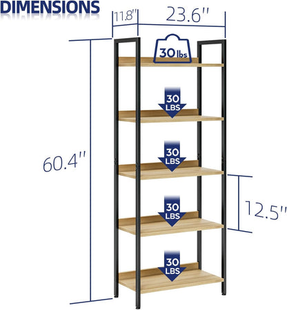 NUMENN Bookshelf, 5 Tier Bookshelves, Home Office Bookcase Shelf Storage Organizer, Free Standing Storage Shelving Unit for Bedroom, Living Room and Home Office, Natural