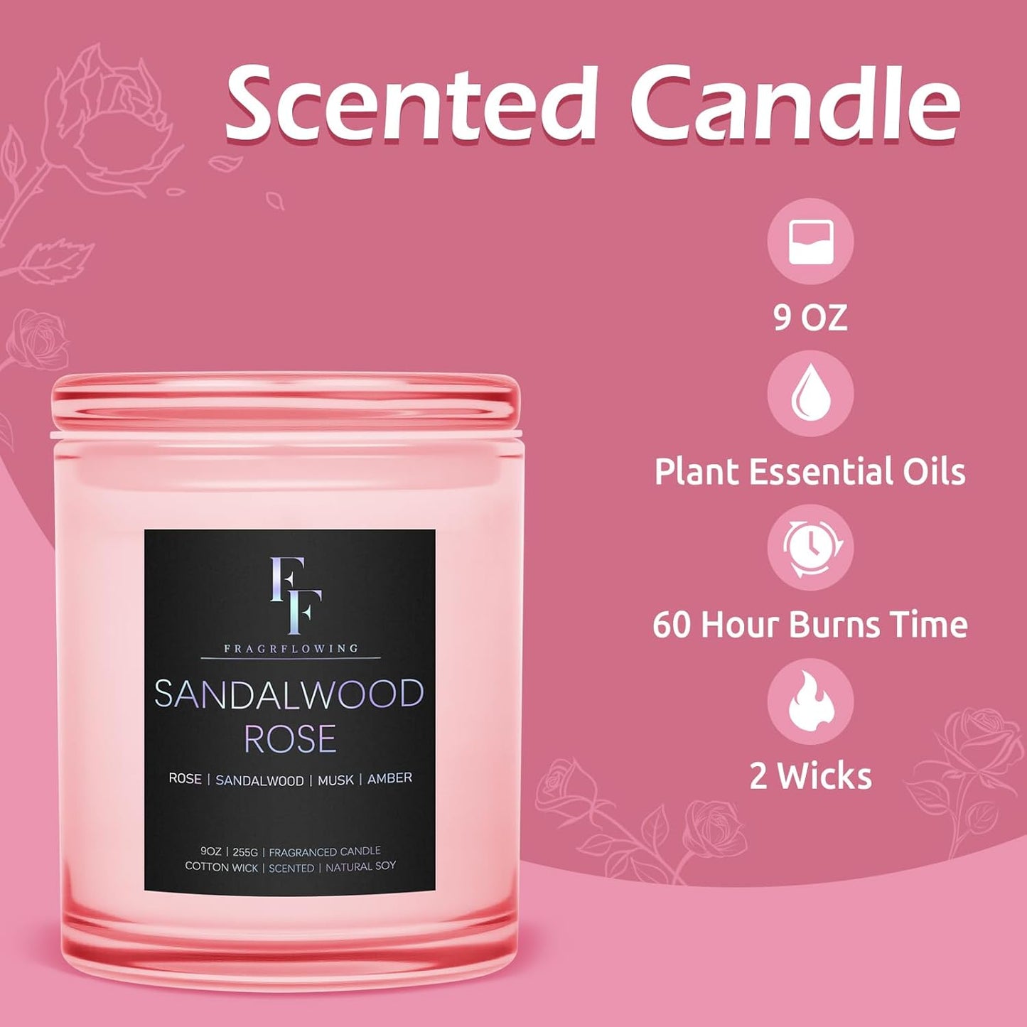 Sandalwood Rose Scented Candle, 2-Wick Luxury Soy Wax Candle, 9 oz Aromatherapy Candle Home Fragrance Candles Gift