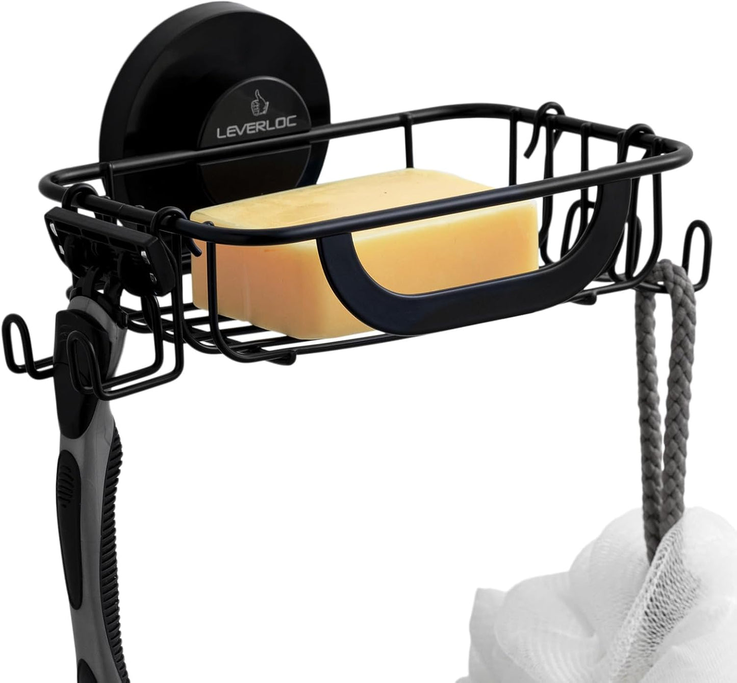 LEVERLOC Soap Holder Dish for Shower Wall, Bar Suction Cup Soap Saver Tray with Hooks, Rust Proof Draining Stainless Steel for Bathroom Bathtub Kitchen Sink & Bath Organizers, Black