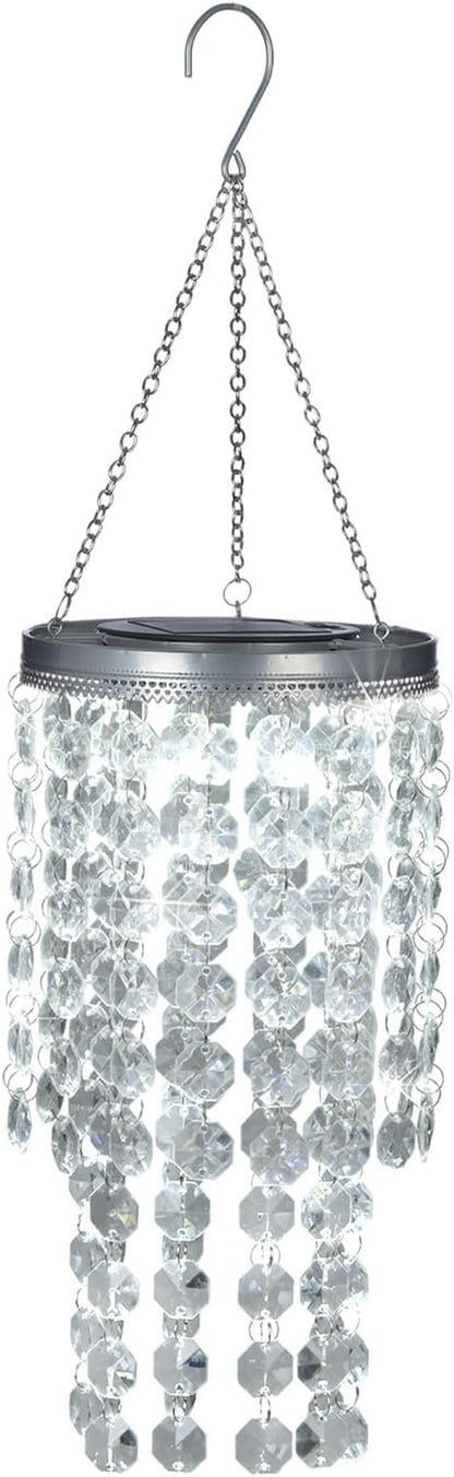 Hanging Solar Lantern Outdoor, 2 Tiers 21” Solar Transparent Acrylic Beaded Chandelier with Cool White LED S Hooks for Garden Yard Patio Gazebo Outside Decor