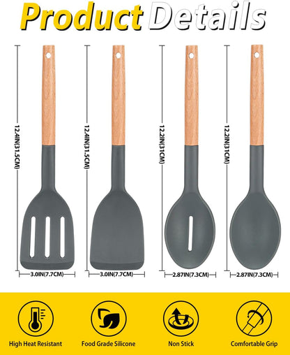 Pack of 4 Silicone Cooking Utensils Set, Non Stick Solid Spatulas and Heat Resistant Slotted Spoons with Wooden Handle, Ideal Wood Kitchen Utensils Set for Frying,Serving,Turning,Stirring (GRAY)