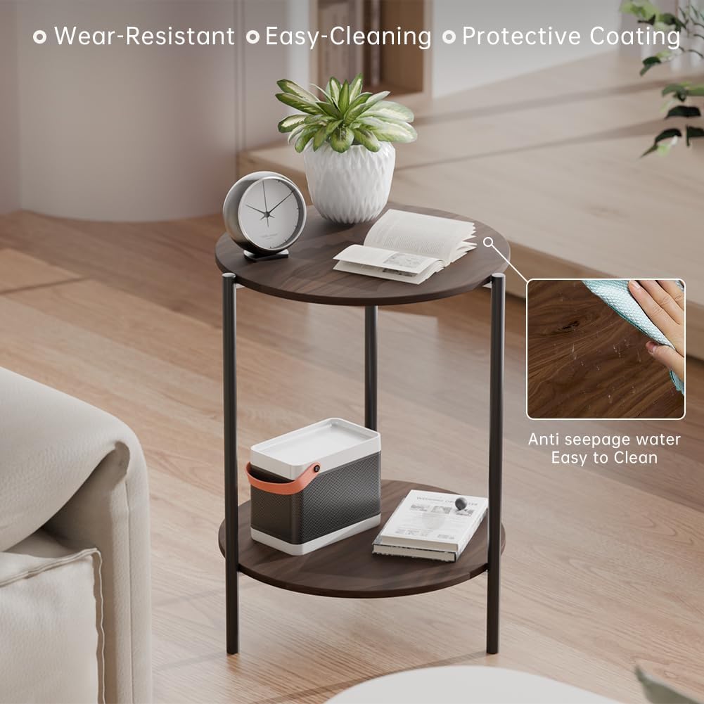 Side Table, Round End Table with 2-Layer Storage Rack, 15.7" Small Spaces Circle Table, Metal Frame Design Small Side Tables, for Living Room, Bedroom, Vintage Wood