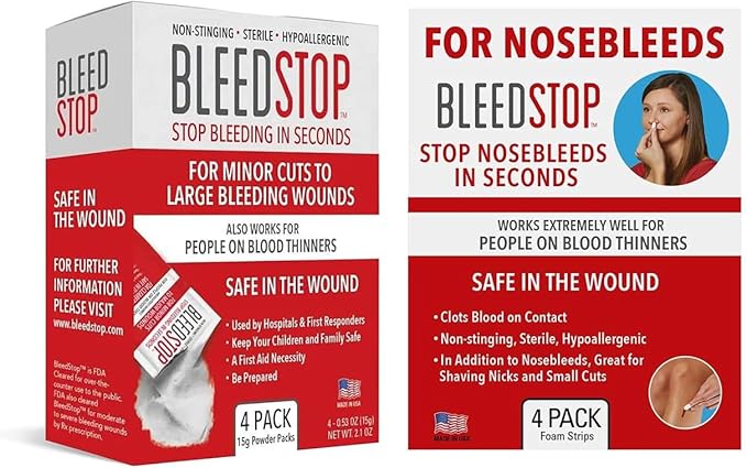 BleedStop™ First Aid Powder and Strip for Blood Clotting, Trauma Kit, Blood Thinner Patients, Camping Safety, and Survival Equipment for Moderate to Severe Bleeding Wounds or Nosebleeds