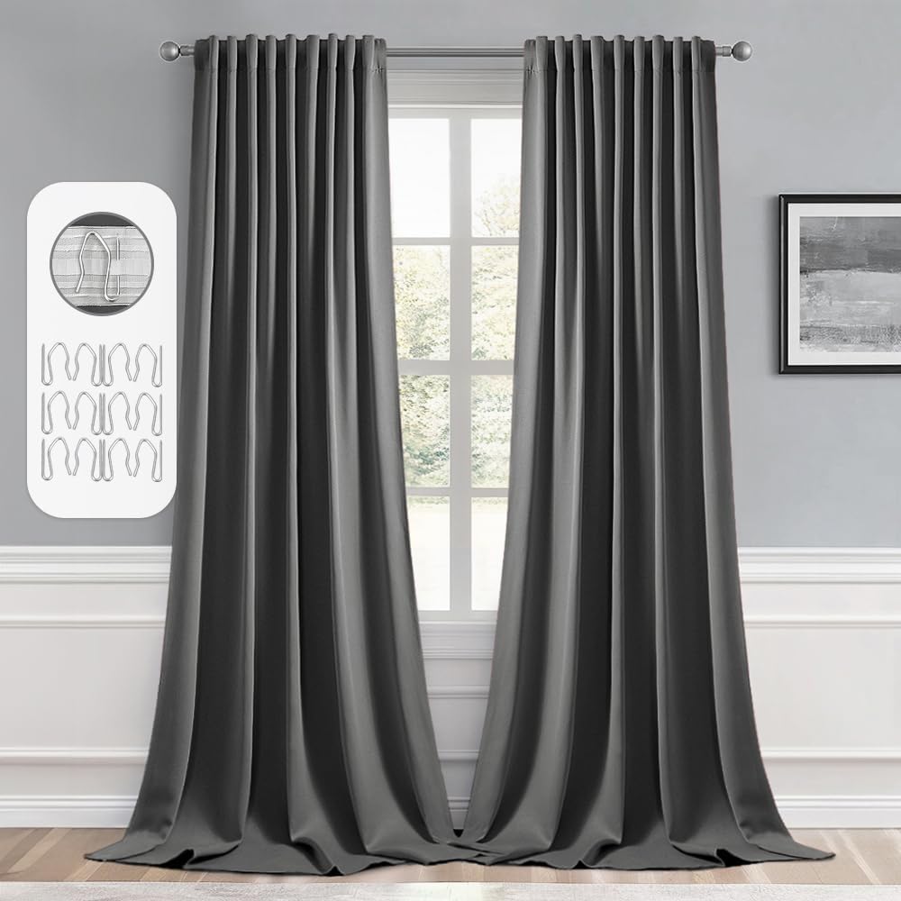 MIULEE Back Tab Grey Blackout Curtains 102 Inch Long 2 Panels Set for Living Room Bedroom, Rod Pocket/Pinch Pleated Thermal Insulated Room Darkening Light Blocking Floor to Ceiling Curtains/Drapes