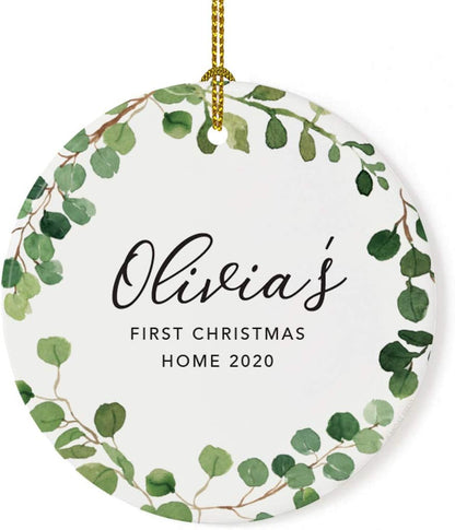 Andaz Press Personalized Round Ceramic Porcelain Christmas Tree Ornament Keepsake Collectible New Baby Gift, Olivia's First Christmas Home 2025, Farmhouse Eucalyptus Wreath, 1-Packs