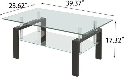 Glass Coffee Table Rectangle Living Room Center Table, with Tempered Glass Tabletop Black Metal Leg,for Living Room and Office (Dou-Clear Glass)