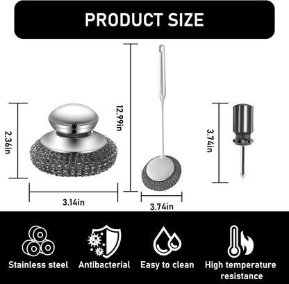 Stainless Steel Wool Metal Wire Scrubber Sponge Scouring Pads Brush Set with Handle for Cleaning Dishes,Pots and Pans,Kitchen Cast Iron,Stoves, Sink,Cooking Tools,Silver（9pcs）