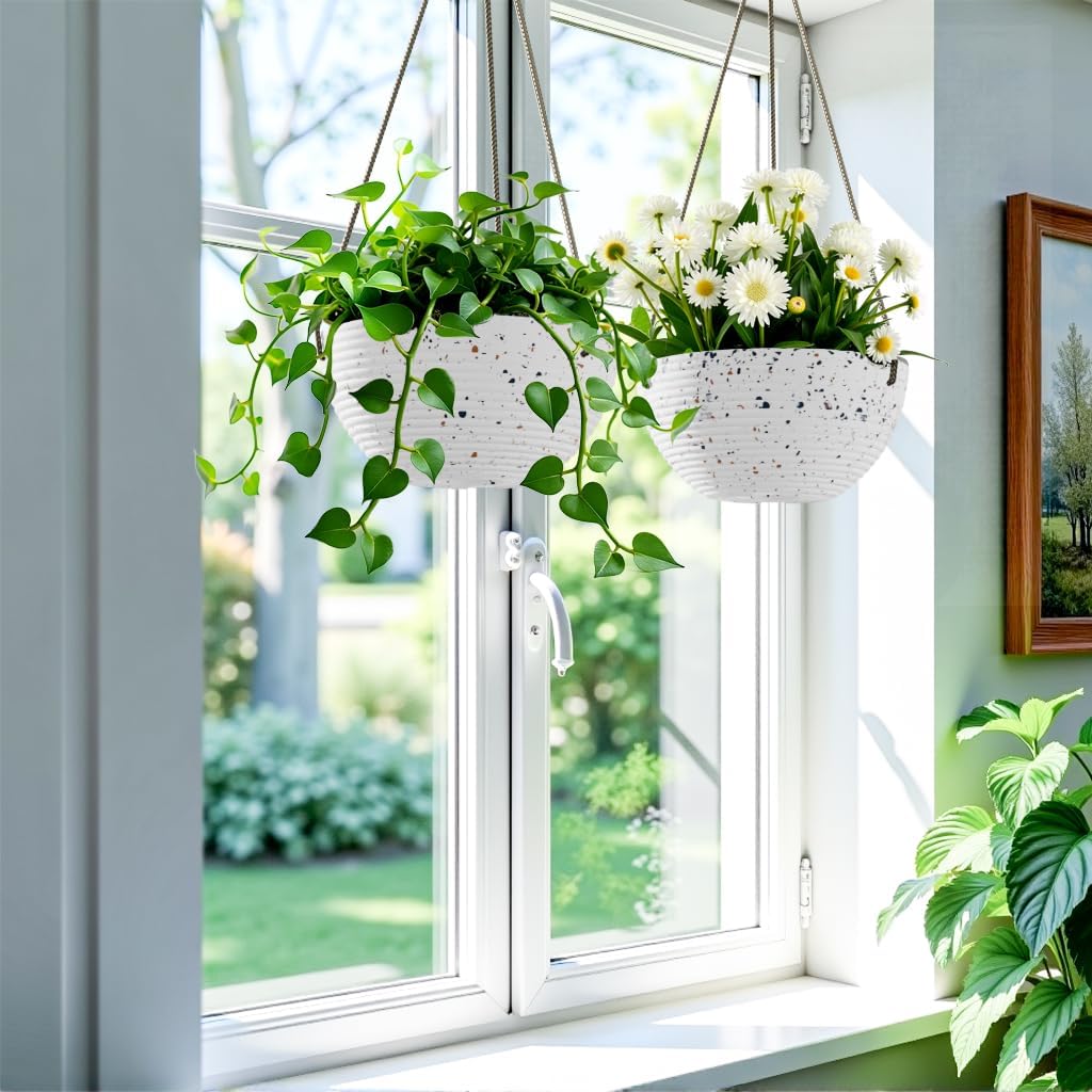 Line Pattern 10 Inch Hanging Planter for Indoor Outdoor Plants, 2 Pack Round Hanging Pots for Plants (Speckled White)