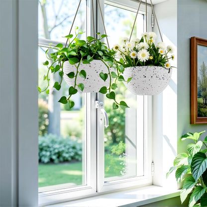 Line Pattern 10 Inch Hanging Planter for Indoor Outdoor Plants, 2 Pack Round Hanging Pots for Plants (Speckled White)