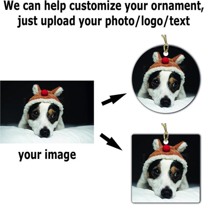 Personalized Christmas Ornament, Add Photo Text or Art Design and Make Your own Customized 3” Porcelain Ceramic Ornament, Gold String and Gift Bag Included (Round)