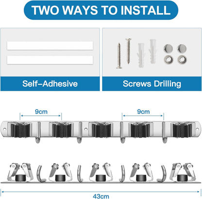 IMILLET Broom Holder Wall Mounted, Stainless Steel Broom Mop Holder Self Adhesive Heavy Duty Hooks Storage Organizer for Home Laundry Room Garden Garage Closet Kitchen 1 Pack（5 Racks with 4 Hooks）