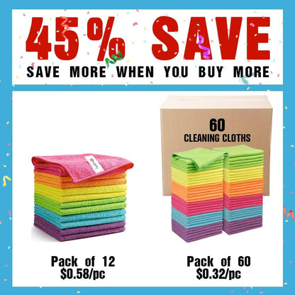 Orighty Microfiber Cleaning Cloth Pack of 60, Microfiber Towels for Cars, Highly Absorbent Car Cleaning Supplies, Lint Free Cloths Clean Rags for Car Care, House, Kitchen, 12x12 inch
