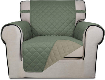 PureFit Reversible Quilted Sofa Cover, Water Resistant Slipcover Furniture Protector, Washable Couch Cover with Non Slip and Elastic Straps for Kids, Dogs, Pets (Chair, Greyish Green/Beige)