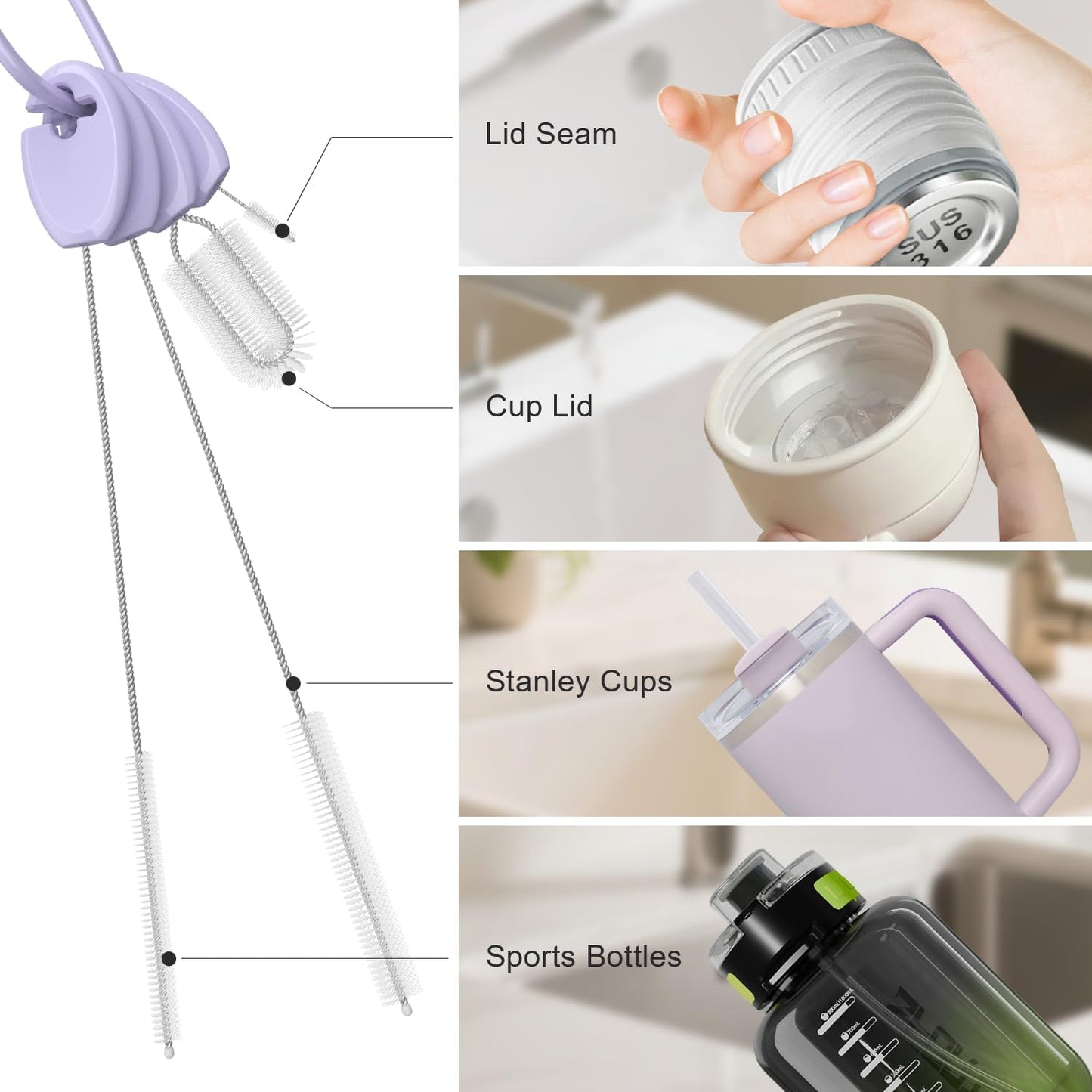 YOTIME Standing Straw Cleaner Brush Set, 4in1 Reusable Straw Brushes with Holder Ring, for Wide and Narrow Straws, Tumblers, Water Bottles and Cups, Purple