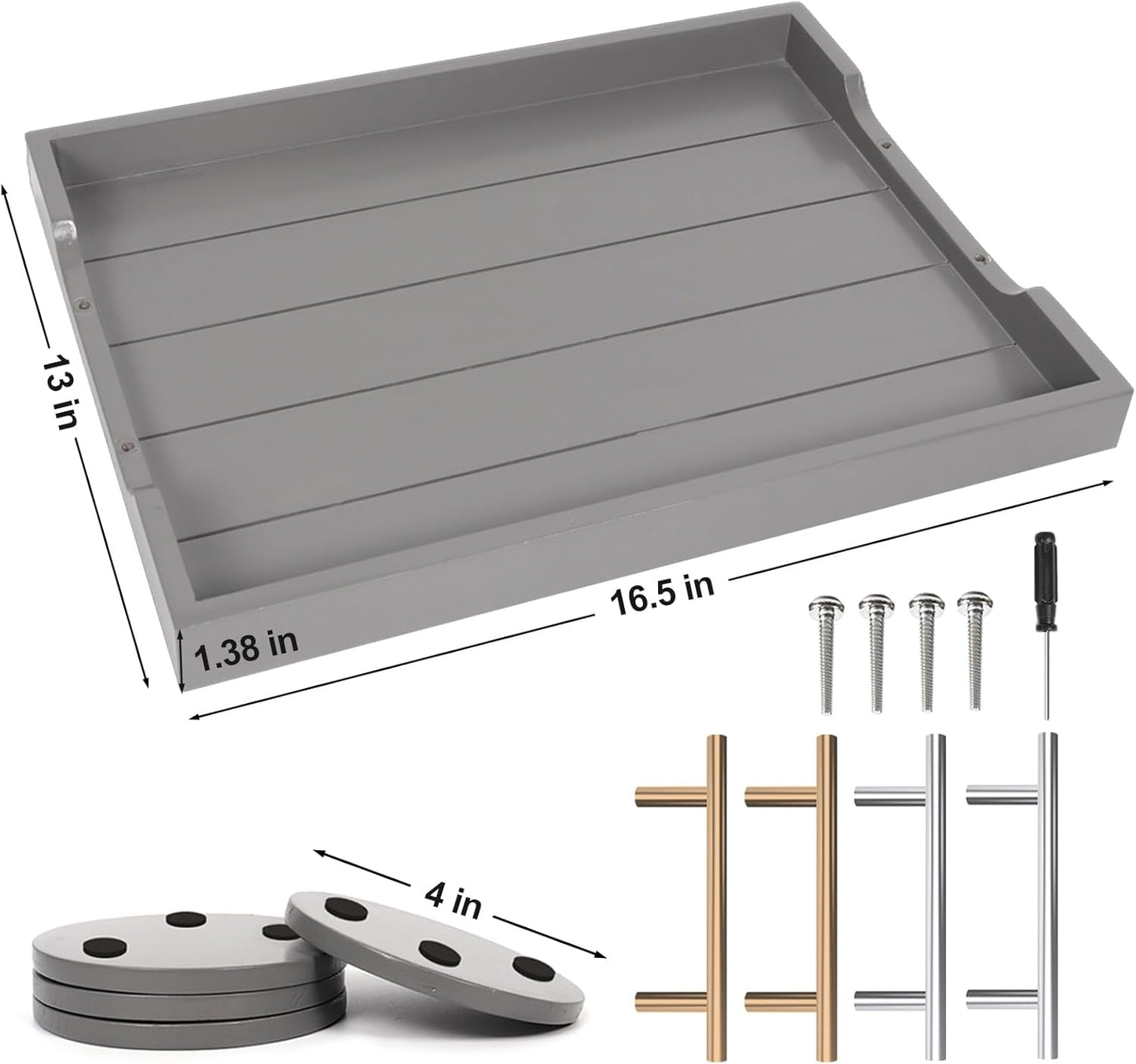 Coffee Table Tray - Large Ottoman Trays for Living Rooms - Wood Serving Tray with Handles(2 Sets) - Wooden Tray for Coffee Table, 4 Round Coasters Included, Gray