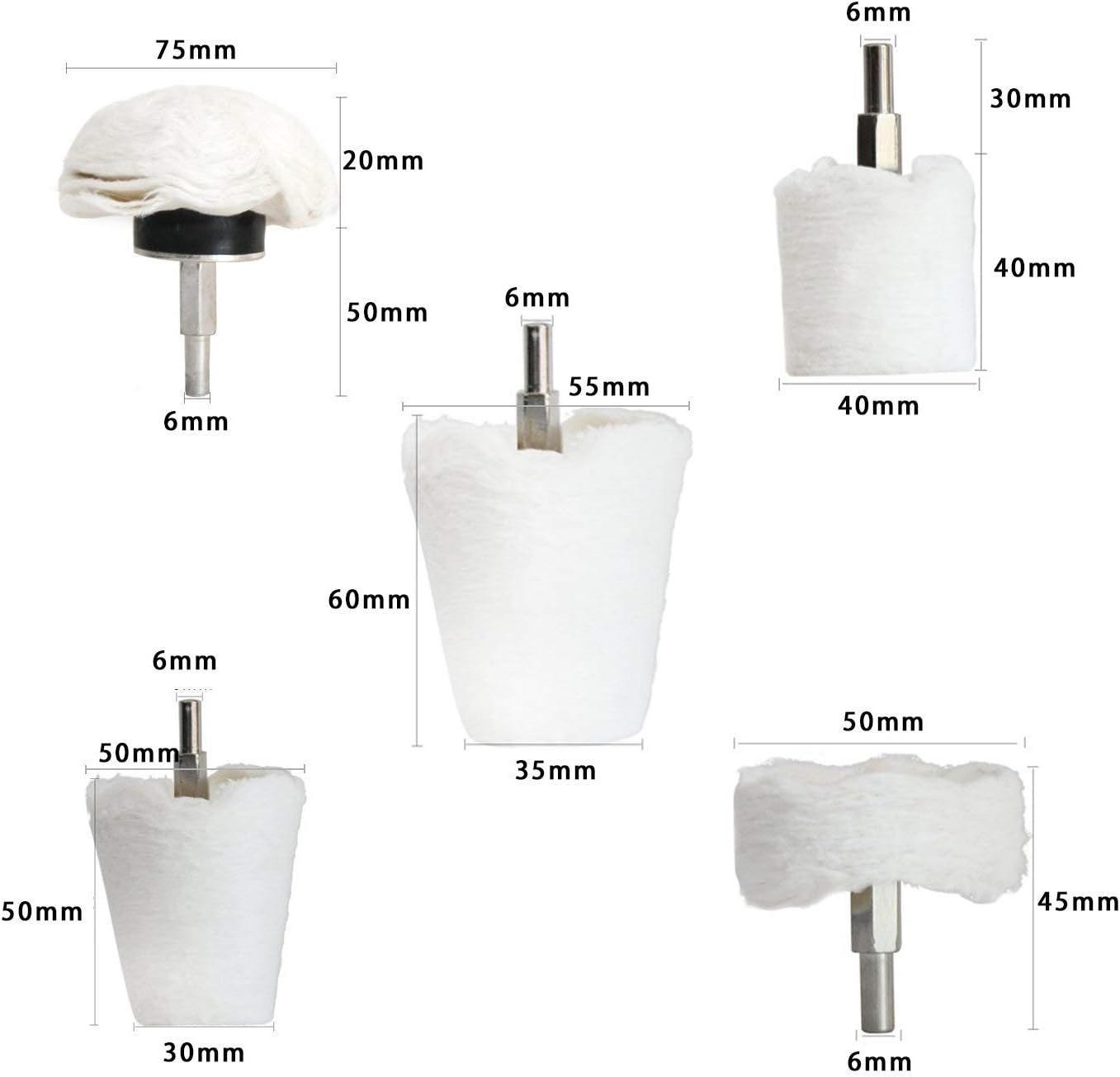 Polishing Pad Buffing Wheel Kit White Flannelette 5 Pack, Polisher Tools Fit for Metal Aluminum Stainless Steel Chrome Wood Plastic Ceramic Glass Woods Fabric Cotton Machine Jewelry etc