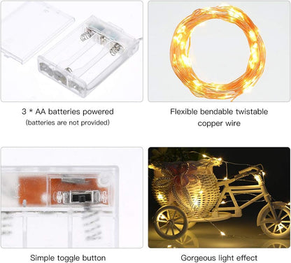 Led Fairy Lights Battery Operated, 2 Packs Mini Battery Powered Copper Wire Starry Fairy Lights for Bedroom, Christmas, Parties, Wedding, Centerpiece, Decoration (5m/16ft Warm White)