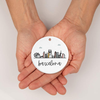 Andaz Press Round Ceramic Porcelain Christmas Tree Ornament Keepsake Gift, Barcelona, Colorful International City Skyline Graphic 1-Pack Birthday Family Coworker, Gift Box Barcelona Christmas Ornament