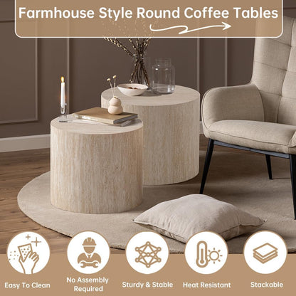 Round Nesting Coffee Table Set of 2 Modern Small Round Coffee Table Travertine Side Table Small End Table Circular Coffee Tables Circle Nested Coffee Tables for Living Room (Travertine)