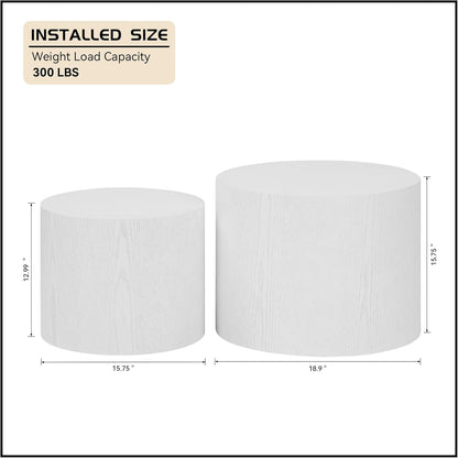WILLIAMSPACE 18.9" White Nesting Coffee Table Set of 2, Modern Black Round Coffee Tables Circle Side Table for Small Space, Accent End Table Set, No Assembling, White Wood Grain